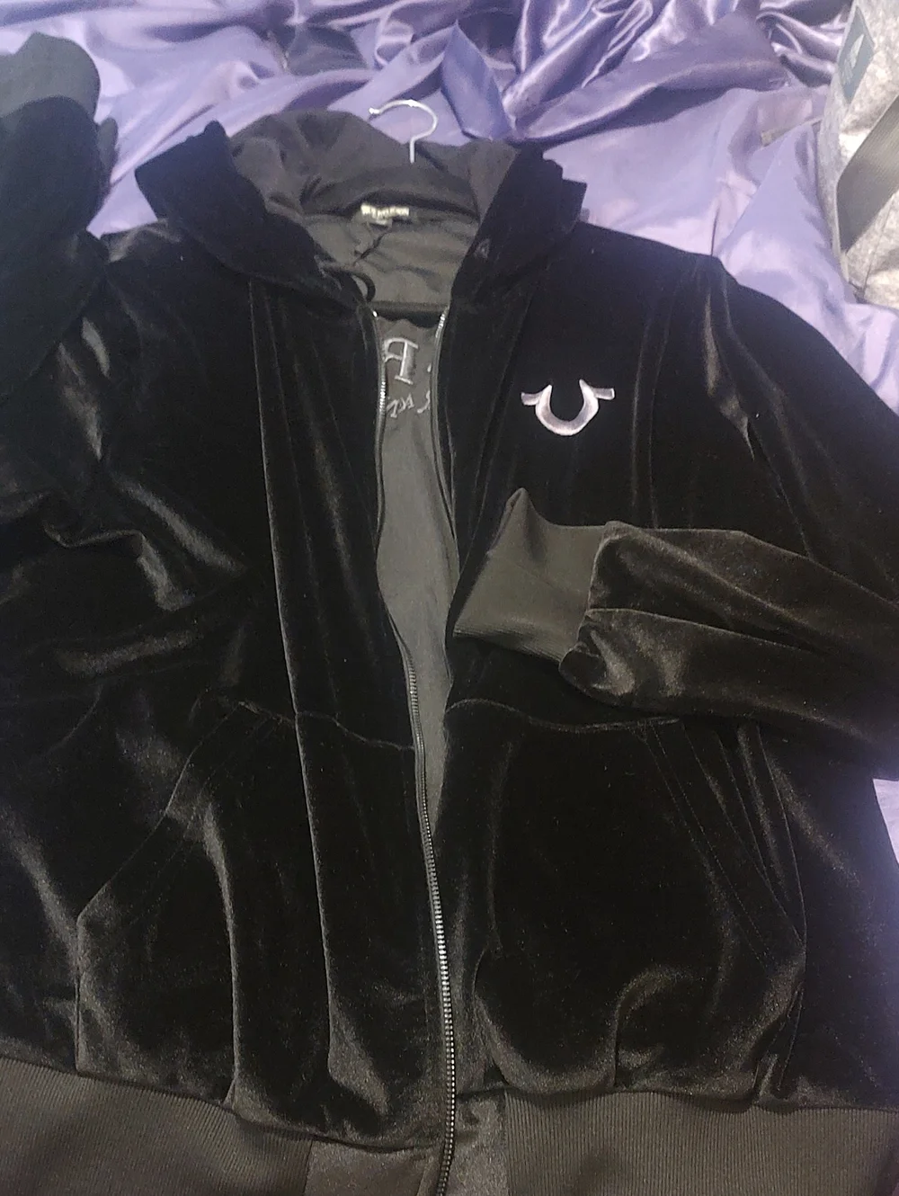 True Religion Black Velour Zip-Up Hoodie And Pants Set with Horseshoe Patch